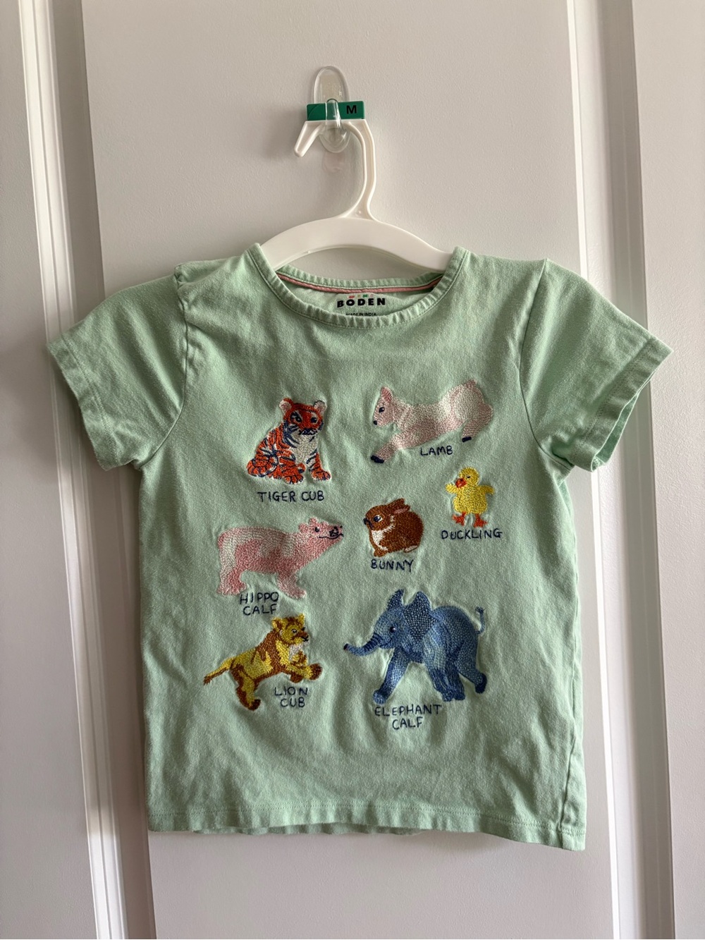 Mini Boden Mint Green Short-Sleeve Tee with Embroidered Baby Animals